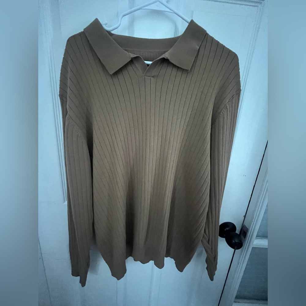 Men’s Tan Ribbed Long Sleeve Polo Shirt - 100% Viscose - Size Large